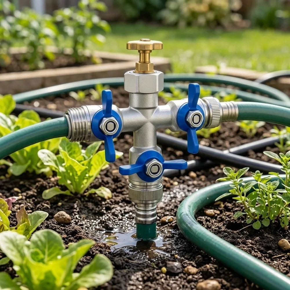 Garden Hose Splitter with Three Separate Shutoff Valves Enabling Flexible Water Routing Without System Shutdown