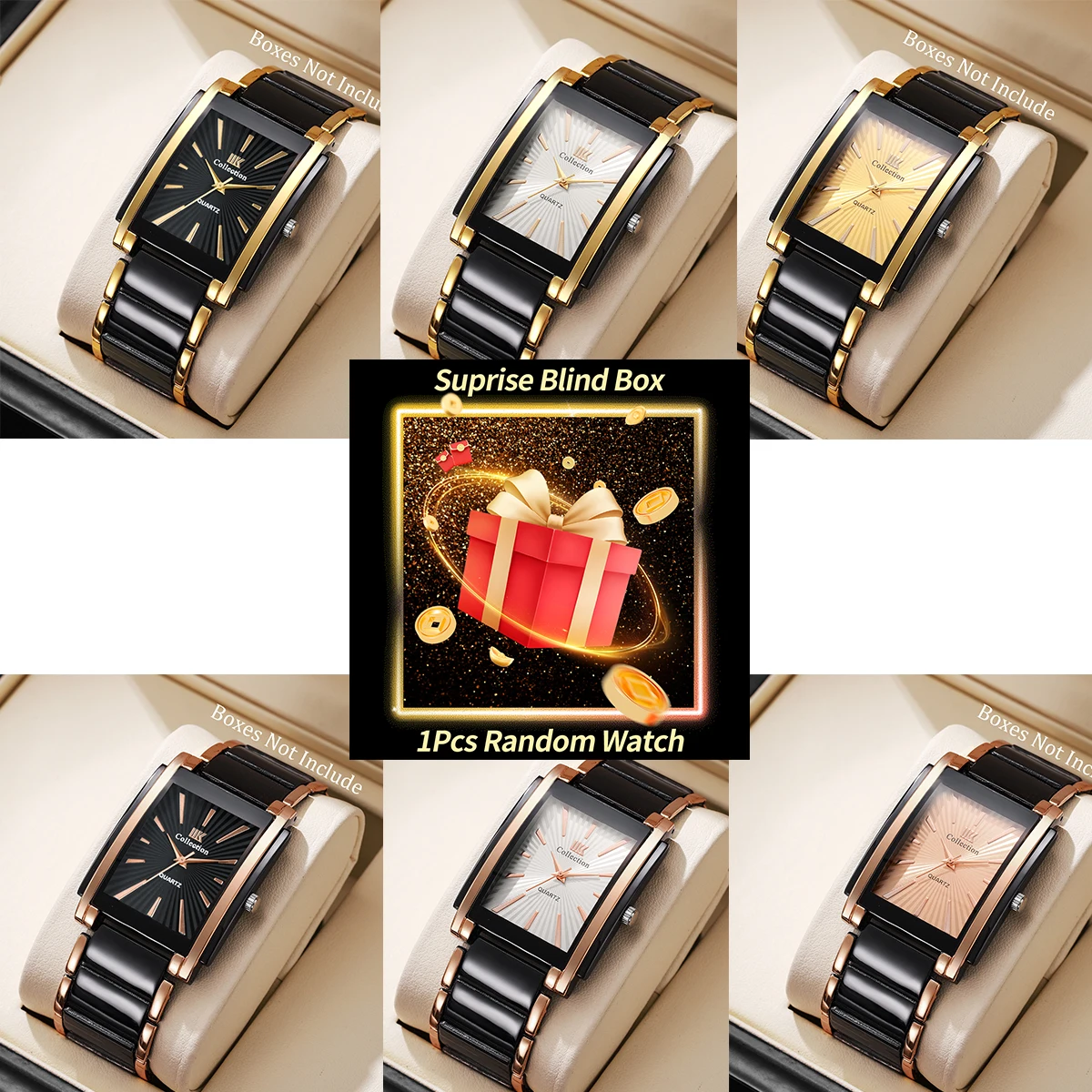 

1PC Surprise Mystery Watch Blind Box-Fashion Rectangle Men Business Watches Stainless Steel Strap Quartz Wristwatch（Without Box）