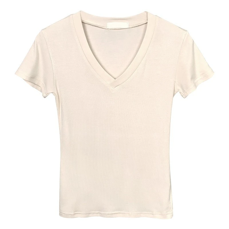 เสื้อยืดผู้หญิงเรียบง่าย สไตล์ลำลอง เนื้อผ้านุ่ม ใส่ได้ทุกโอกาส รุ่นพื้นฐาน ปี 2026 เสื้อยืดแขนสั้น คอวี แฟชั่น ทรงเข้ารูป สีพื้น