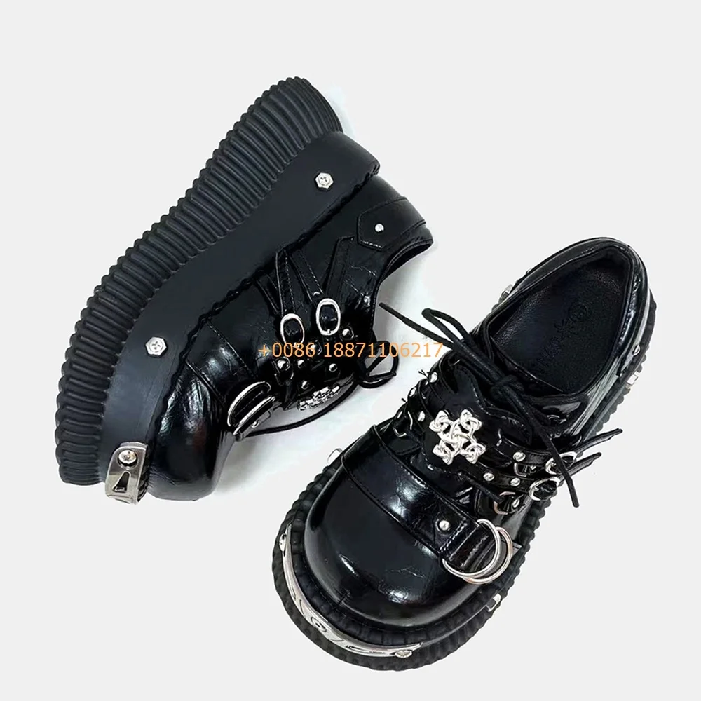 Cyberpunk Thick Sole Metal Pumps Autumn New Round Rivet Belt Buckle Street Lace-Up Pumps Black Fashion Women Sports Casual Shoes