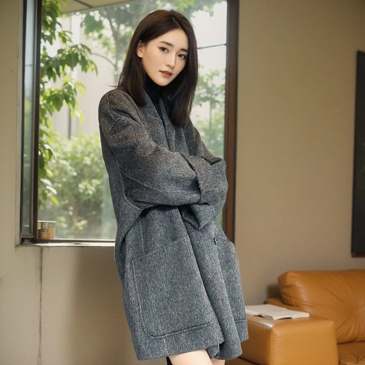 Dark Gray V-Neck Woolen Coat For Women'S Winter New Style, High-End And Unique Temperament, Fashionable Coat - Image 5