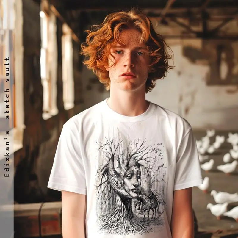 

Maculosa T Shirt Fantasy Tree and Pegasus Hand Drawn Art Unique Design by Ferhat Edizkan Boho Nature Inspired