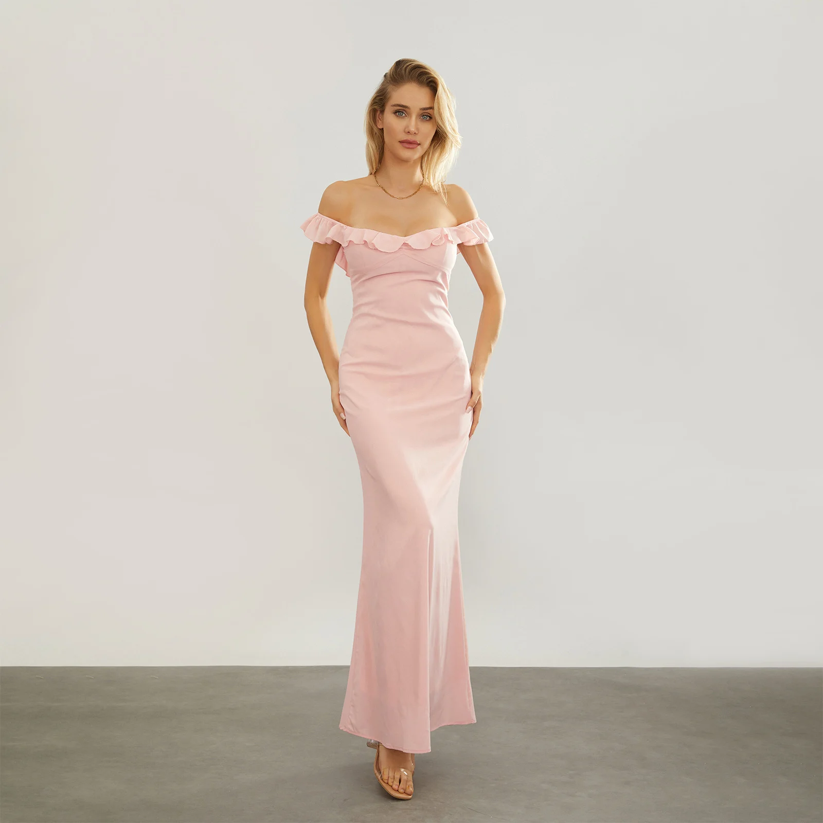 

Women's Summer Solid Color Party Evening Dress Pink Backless Off Shoulder Strapless Ruffle Long Dress