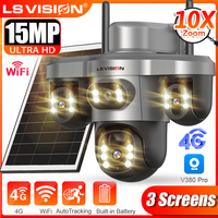 LS VISION 4G LTE Solar Camera Three Screens Outdoor WiFi Security CamerasThree Lens 10X Zoom PTZ PIR Detection CCTV Cam V380 Pro
