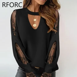 2023 Women Round Neck Lace Patchwork Hollow Out Casual Black Blouse Top