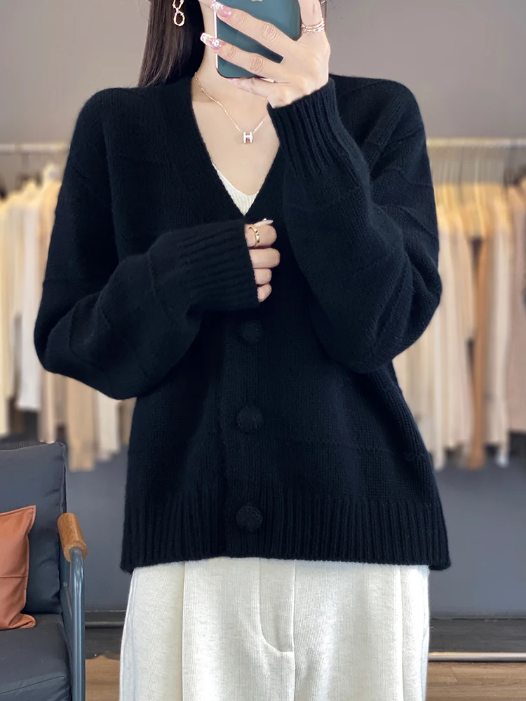 Oversize Womens Cardigan 100% Merino Wool New Arrival Sweater VNeck Pullover Knitted Jumper Lady Clothes Outerwear Fashion Trend