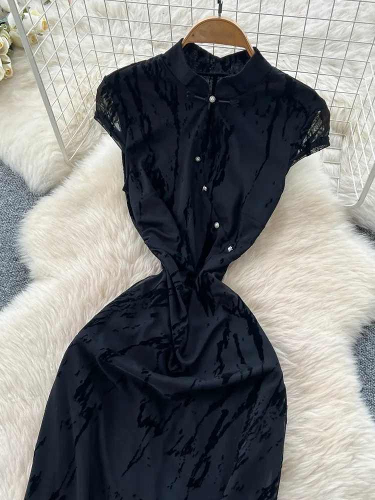 جديد الصينية Sle ort Sve المخملية المعاوضة تشيباو الدكتور عالية الخصر ألف خط تنورة الثقيلة التطريز الوقوف طوق المرأة الدكتور