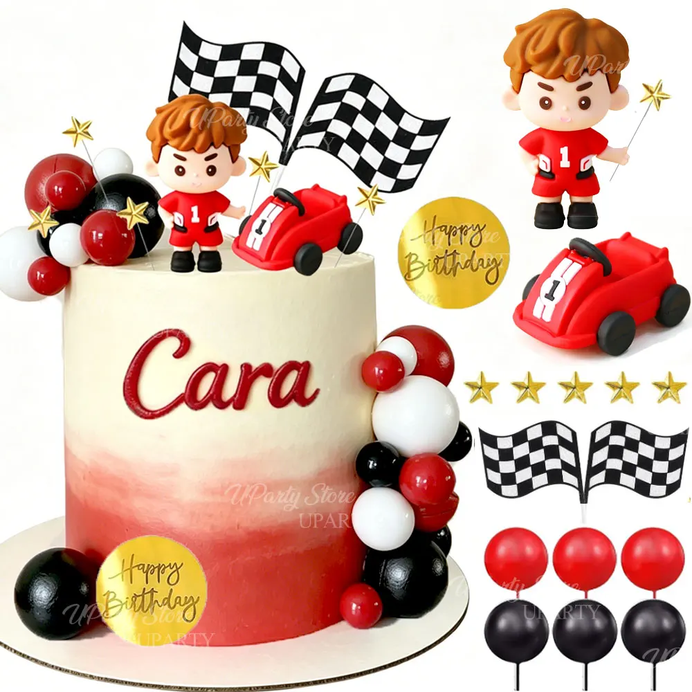 Topos de Bolo de Carro de Corrida Vermelho com Bolas Vermelhas, Brancas e Pretas, Bandeiras Xadrez e Carro de Corrida para Decoração de Bolo de Aniversário e Festa Fast One