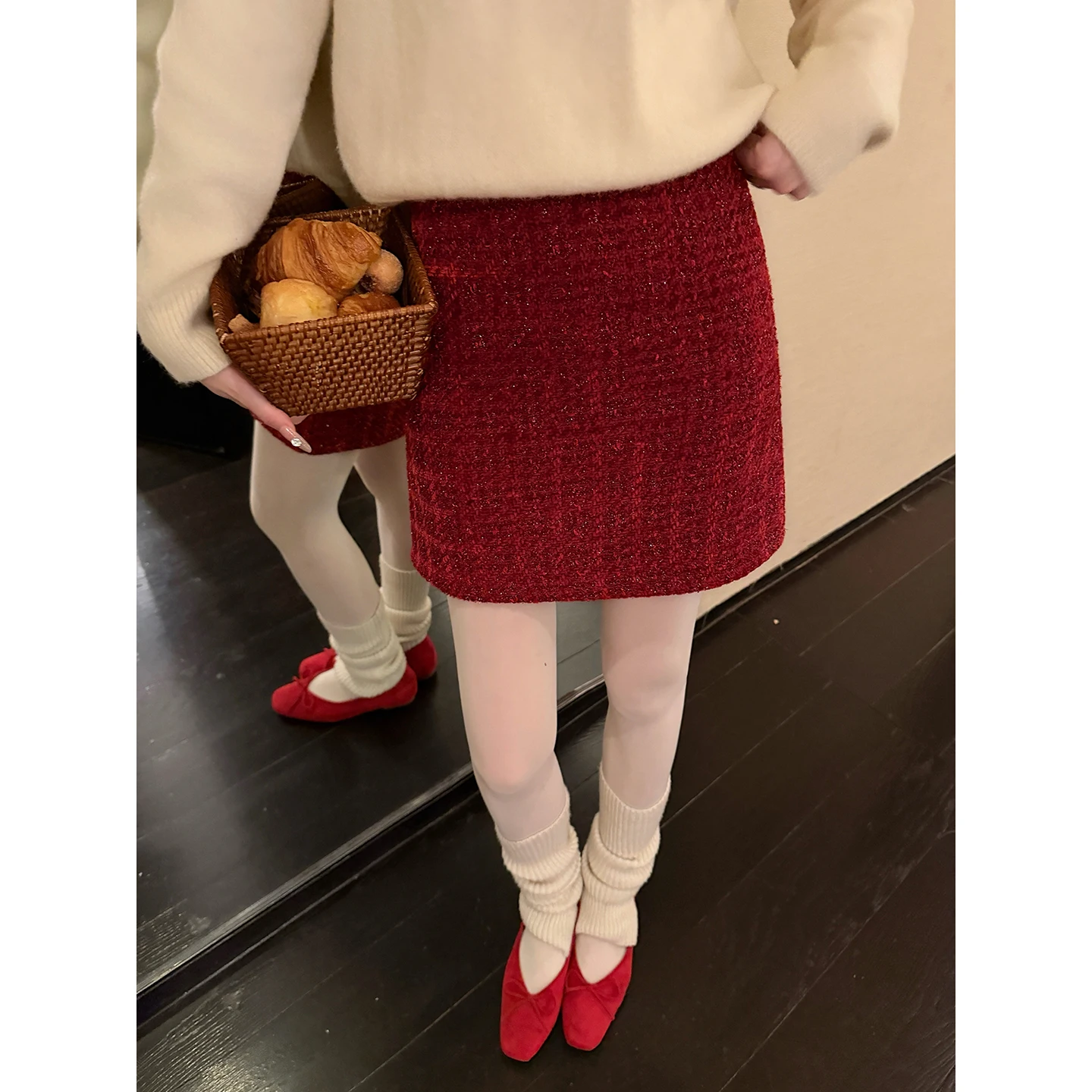 

Красная юбка с пайетками Chen Dayau для женщин, осенне-зимняя, с высокой талией, А-силуэт, короткая, облегающая, средней длины