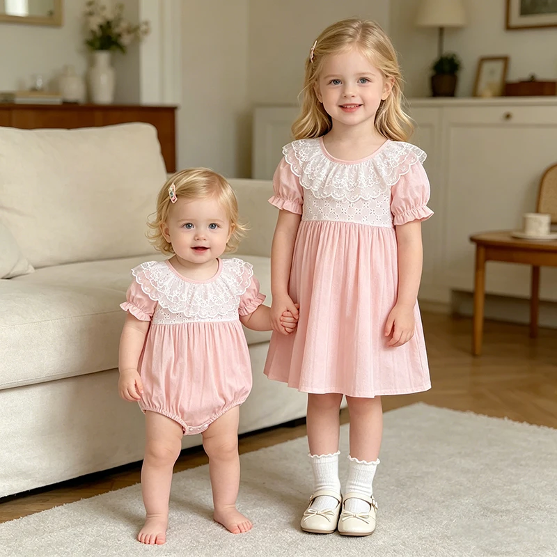 

2026 Summer Sister Clothing 0-24M Baby Girl Embroidery Short Sleeves Bodysuit 2-6Yrs Kids Version Lace Sweet Party Dresses