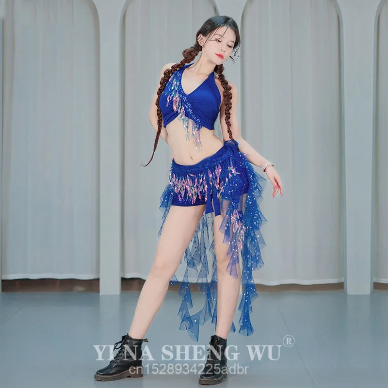 Belly Dance Butterfly Top Bra Belt Set Latin Sequin Fringe Halter Hip Skirt Sexy Party Costume Tassel Stage Performance