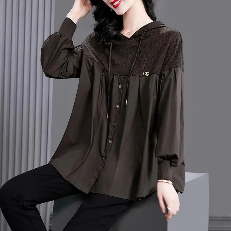 Fashion Spliced Folds Asymmetrical Hooded Blouses Women\'s Clothing 2023 Autumn Winter Loose Casual Tops Lantern Sleeve Shirts