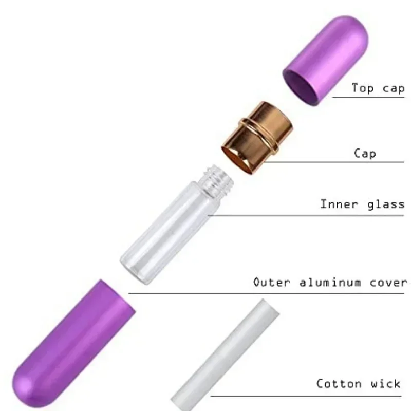 5Pcs Aluminum Metal Nasal Inhaler for Essential Oil 5ml Aromatherapy Aluminum Tubes with Replacement Wick for Travel Perfume