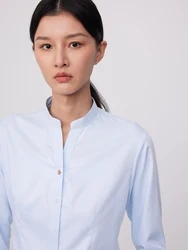 Women's Office Lady Stand Collar Slim-fit Dress Shirts Without Pocket Bamboo Fiber Long Sleeve Versatile Female Blouses Shirts