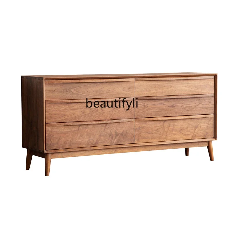 

02Simple all-solid wood six-chest cabinet black walnut bedroom drawer storage locker