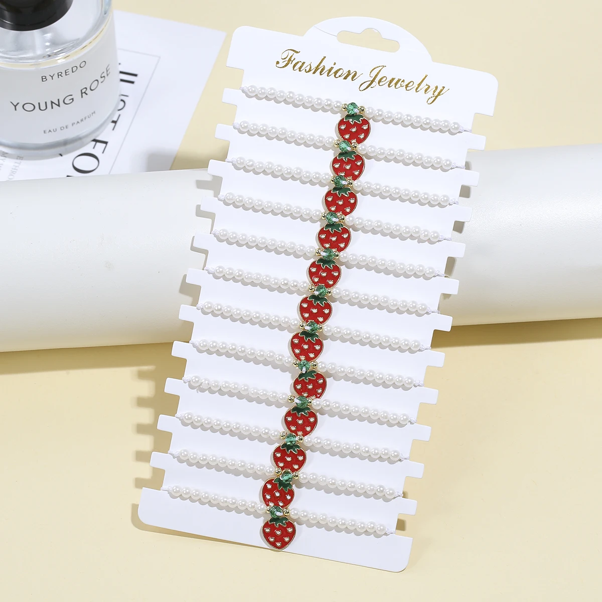 12 قطعة/المجموعة الأحمر الكرز الفراولة سحر سوار مجموعة تقليد اللؤلؤ مطرز قابل للتعديل حبل أساور للنساء مجوهرات هدايا