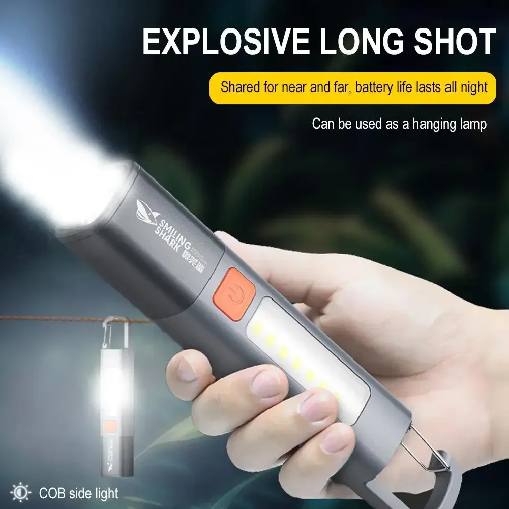 Smiling Shark LED Torch Light Super Bright Flashlight with Hook Camping Light USB Rechargeable Zoomable Waterproof