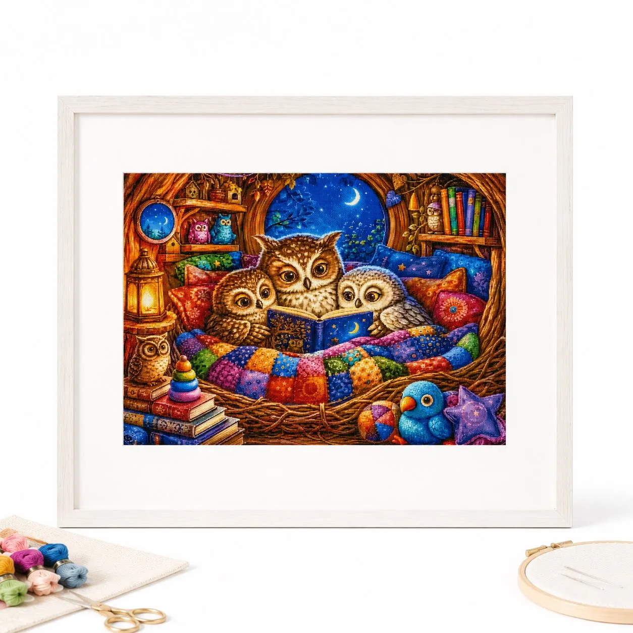 [ZZ9188-Owl Parent-Child Night Reading]11CT 14CT 16CT DIY Stamped Cross Stitch Kit with Printed Canvas and Cotton Threads
