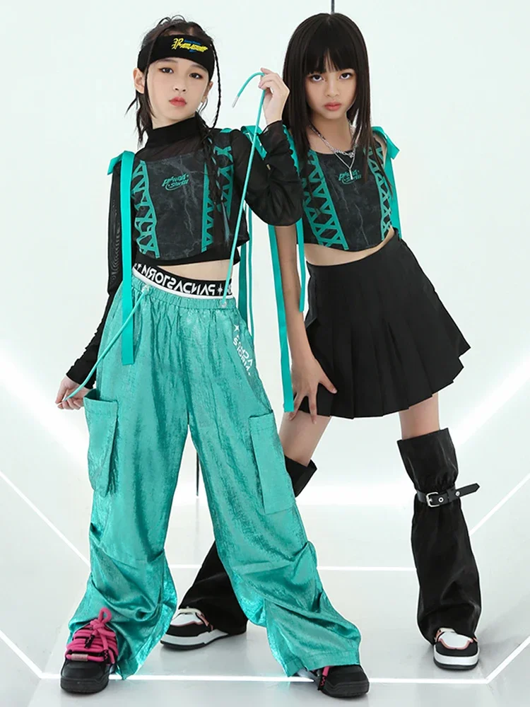 Meninas Roupas de Desempenho Hip Hop, Tops de Mangas Compridas, Calças Verdes, Roupa de Dança de Rua, Moda Infantil