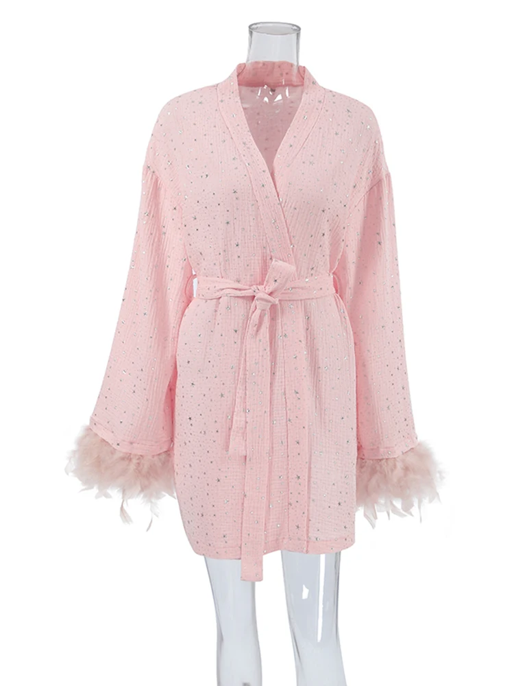 Hiloc Elegant Cotton Pink Gild Robe Women Fashion Long Sleeve Feathers Ruched Lace-Up Sleepwears Autumn Solid Wrap Robes Vintage