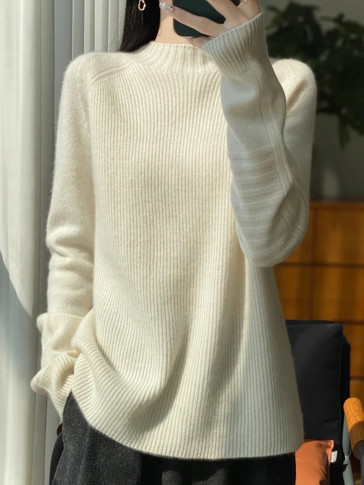 Basic Autumn Winter Cashmere Female Pullover Long Sleeve Knitwear Mock-Neck 100% Merino Wool  Women Casual Sweater Tops