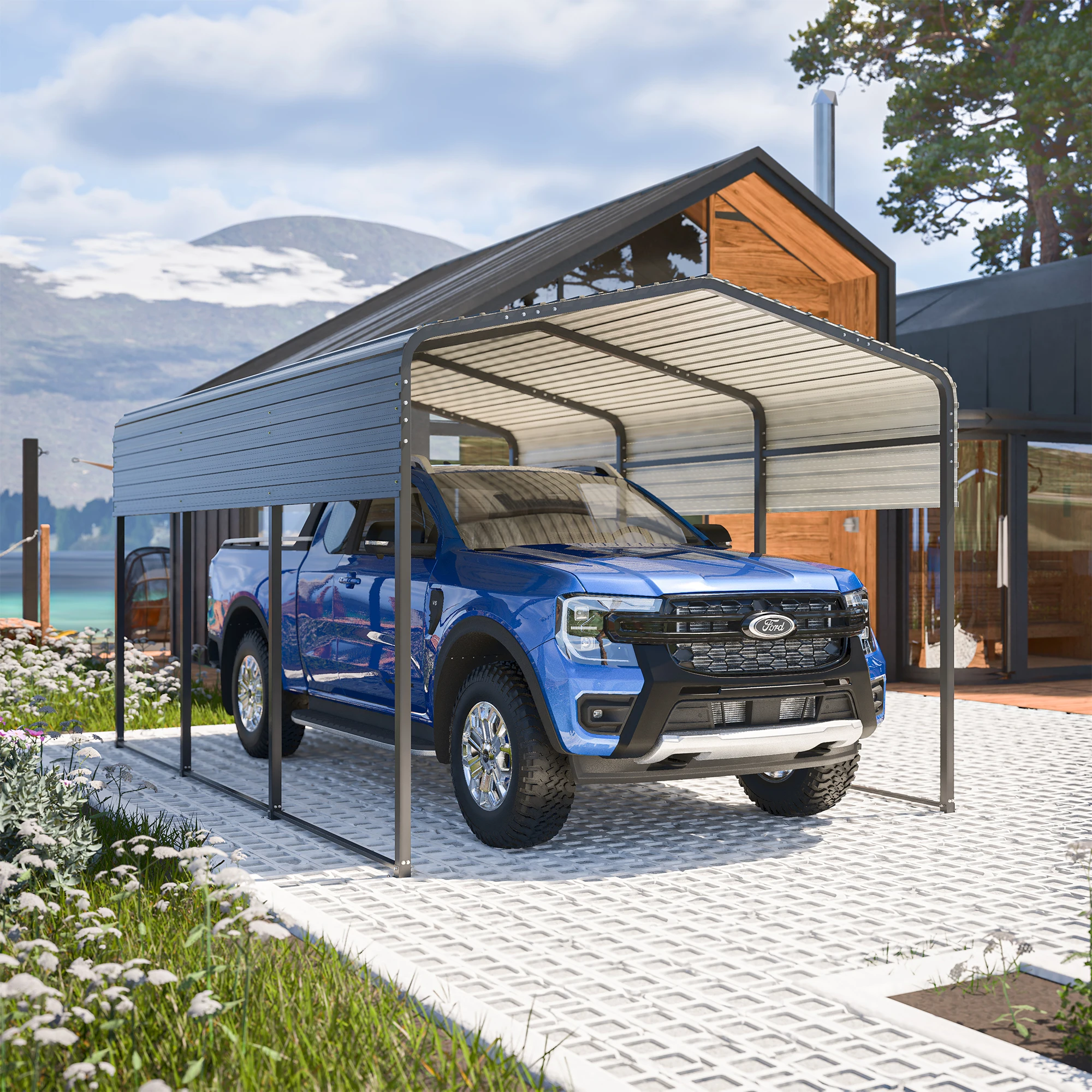 LZBEITEM 10x15 Car Ports Heavy Duty - Prefab Metal Carport with Galvanized Steel Roof Steel Carport Kits Outdoor with Metal Roof