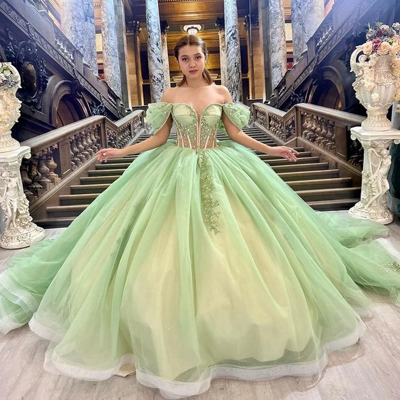 ANGELSBRIDEP Green Quinceanera Dress Off Shoulder Handmade Beading Floral Appliqué Vestidos De 15 Anos 15 Years Old Customized