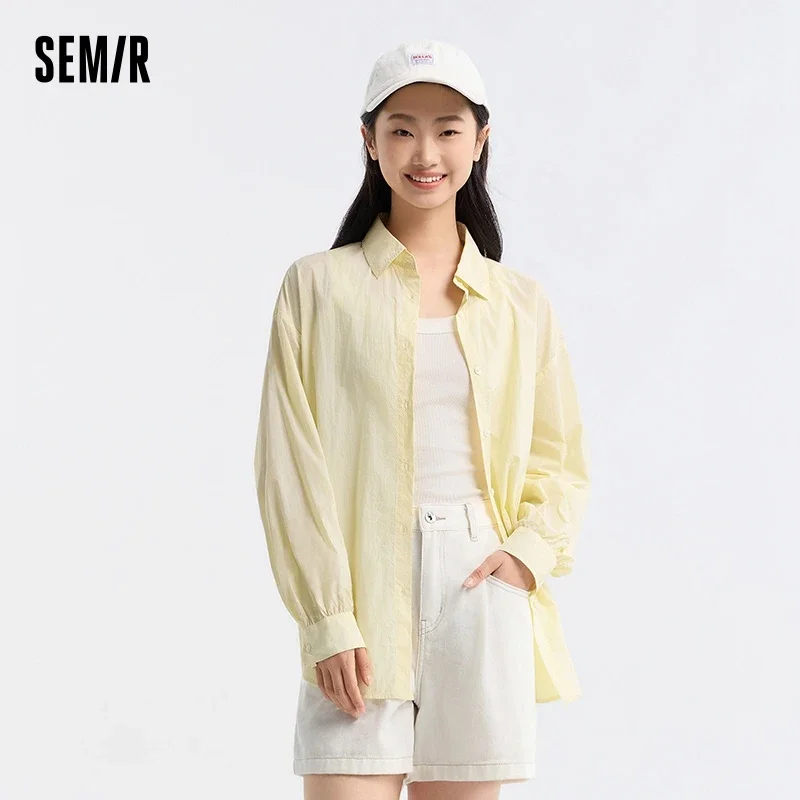 Semir Long-Sleeved Shirt Women Mid-Length Cool Feeling Sunscreen Loose 2024 Summer New Texture Solid Colour Shirt Base