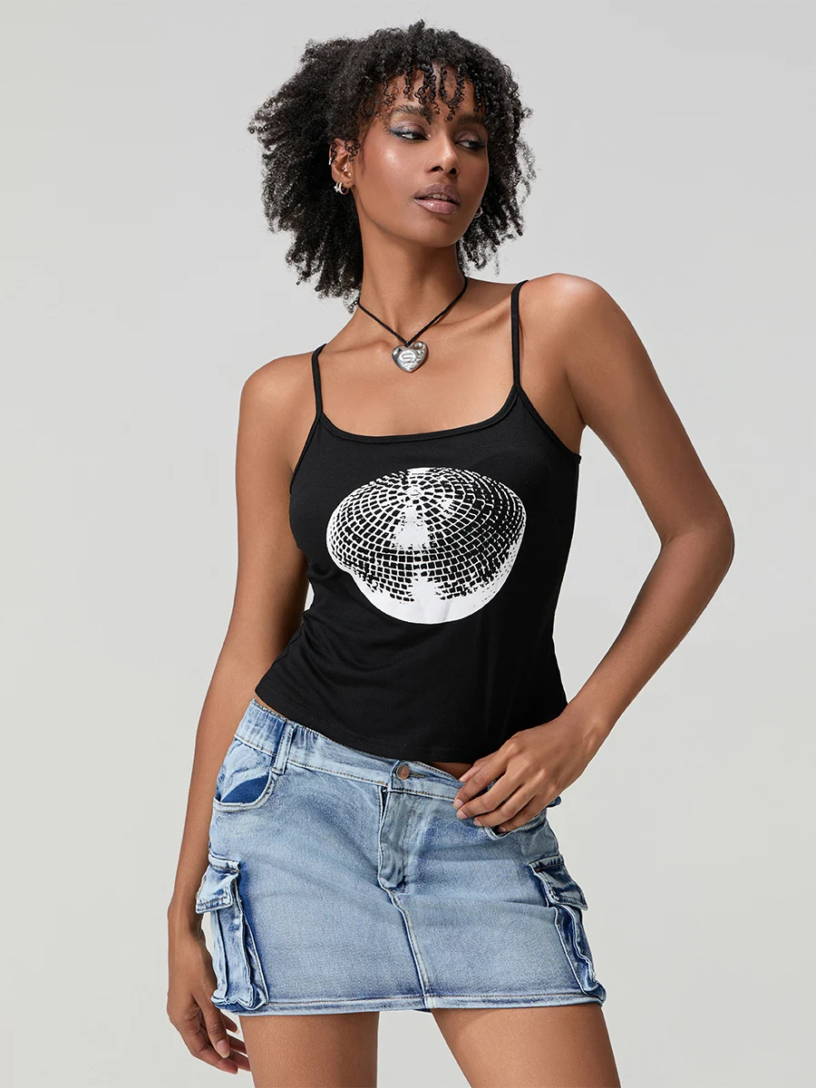 wsevypo Disco Ball Print Spaghetti Strap Camisole Punk Grunge Black Summer Vests Women's Sleeveless Slip Crop Top for Streetwear