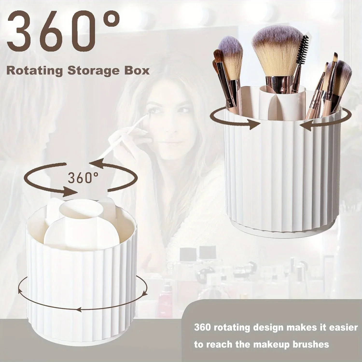 Makeup Brush Holder Organizer 360°Rotating Make Up Brushes Container for Vanity, Spinning Cosmetics Storage Cup, Stripe White