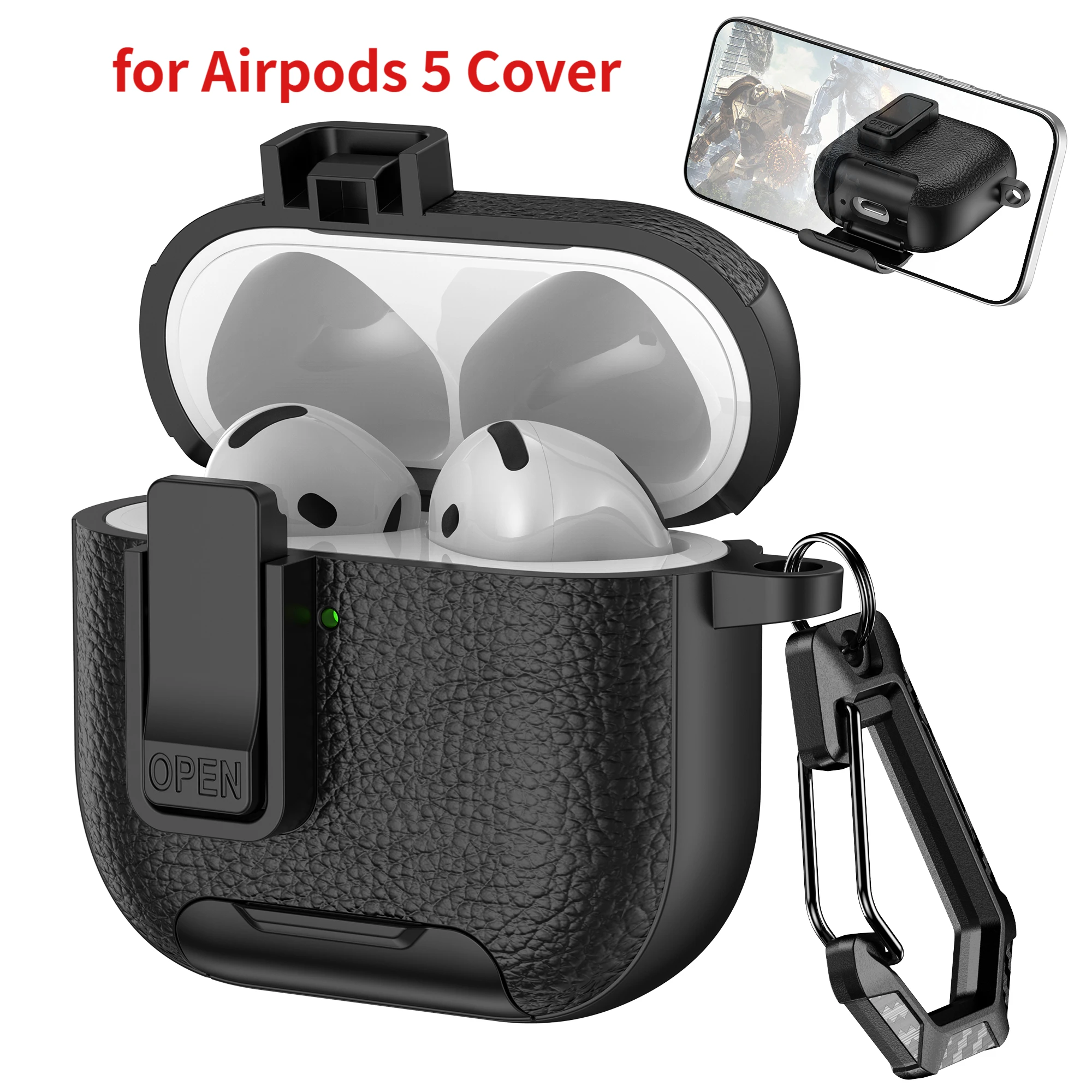 Shockproof Protective Case for Airpods 5 with Carabiner Lock Phone Stand - Durable Cover Sleeve for Airpods 5