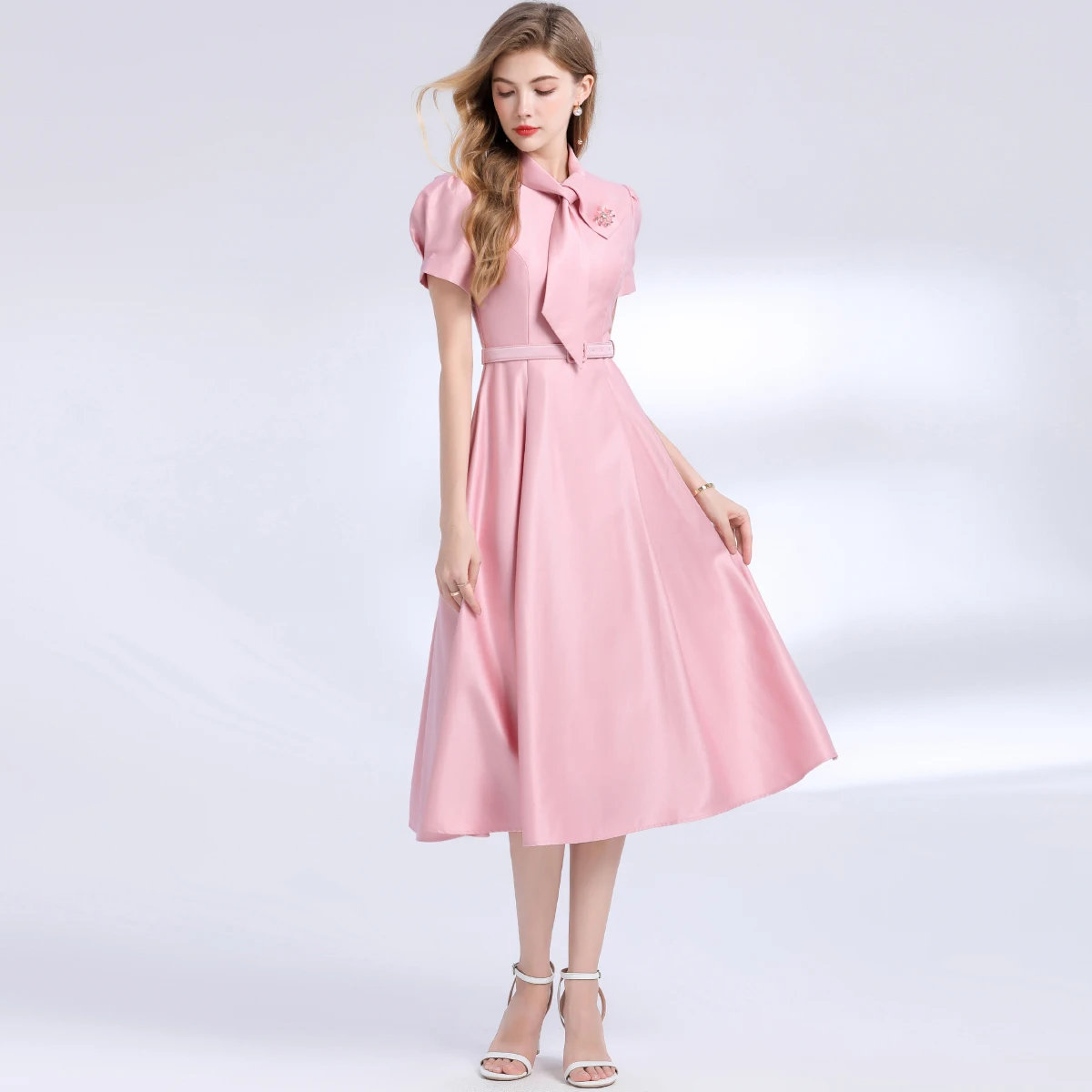

Elegant Temperament Satin Women's Dress New Fashion Solid Bow collar Beaded Slimming Waist Party Dresses