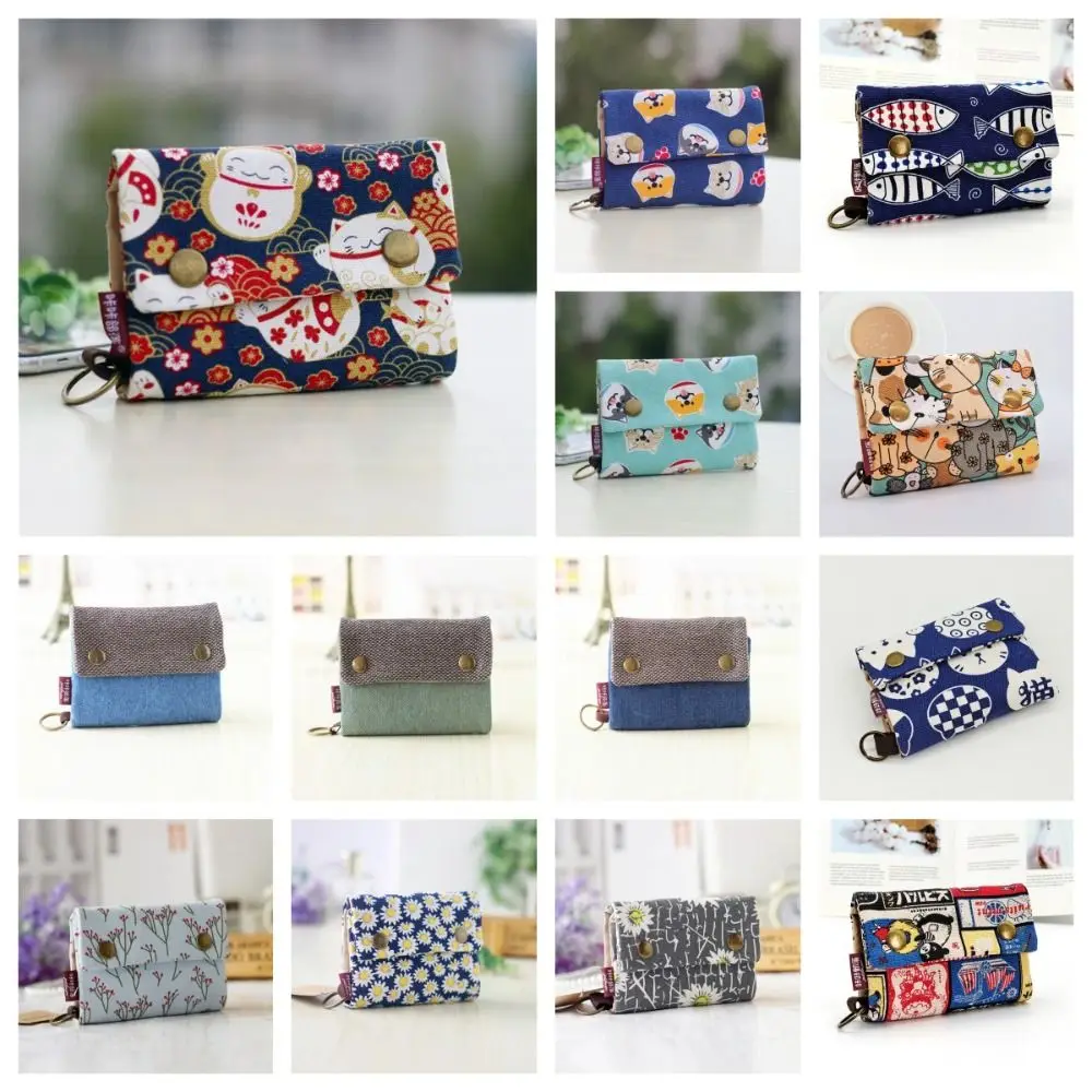 Multifunctional Portable Canvas Coin Purse Three Fold Print Maneki Neko Wallet Card Holder Lucky Cat Zipper Short Wallet Women