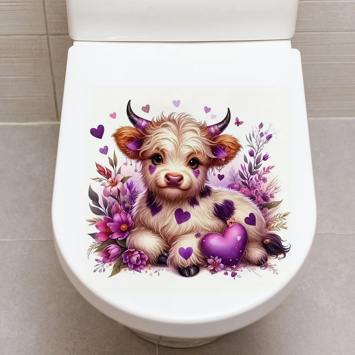 

A Cute Highland Cow And Floral Sticker, Waterproof Vinyl Material, Ideal for Toilet, Home , Refrigerator, Car, Window, Wall