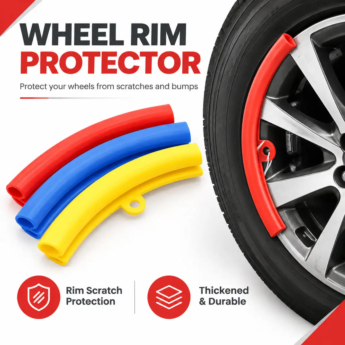 PINMOAP Wheel Rim Protector Strip Rim Edge Guard Anti-Scratch Impact Buffer Thick Wear-Resistant Flexible Trim Red Blue Yellow
