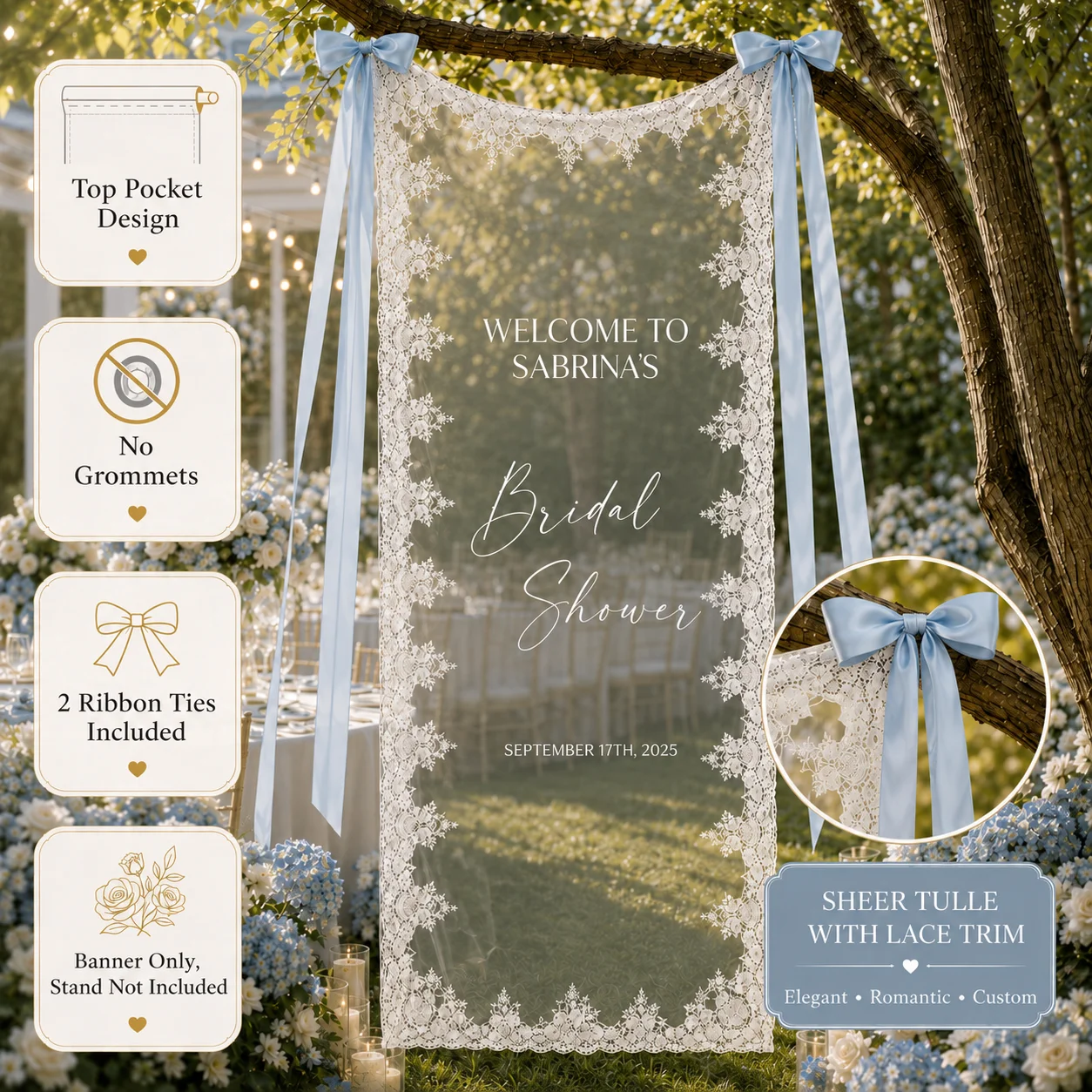 Custom Lace Tulle Wedding Welcome Sign Personalized Transparent Banner Bridal Shower Baby Shower Photo Backdrop Decor