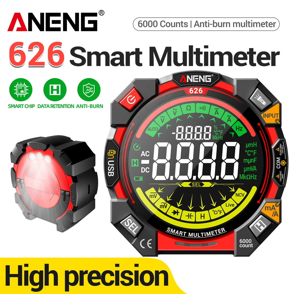 

ANENG 626, портативный мультитестер, перезаряжаемый USB-мультиметр для проверки напряжения, 6000 отсчетов, измеритель тока, инструменты-детектор
