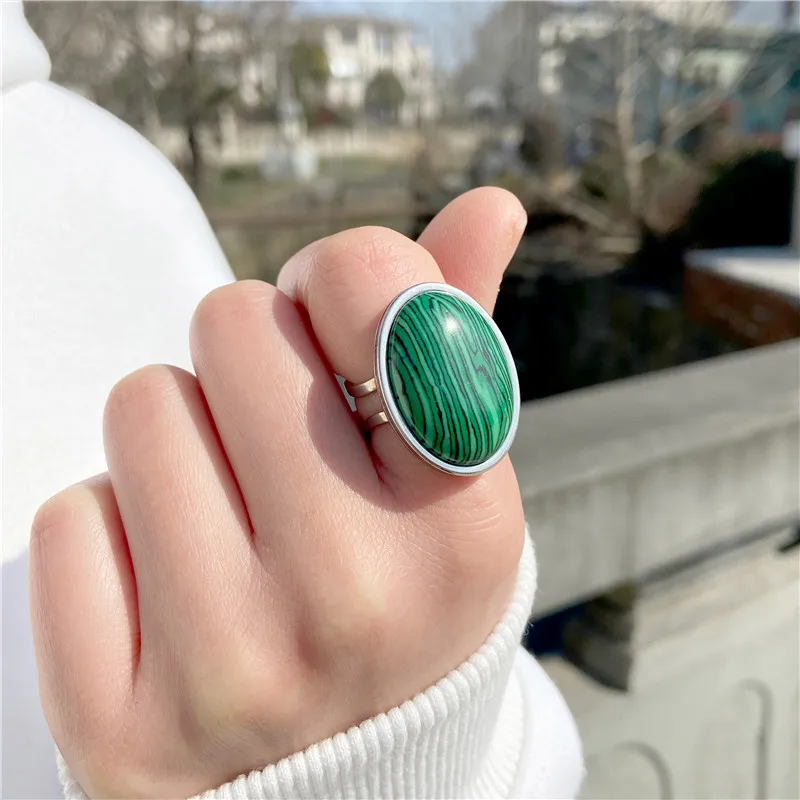 Natural Stone Ring for Women Vintage Silver Color Aventurine Stone Rings Big Cabochon Open Ring Adjustable Men Female Jewelry