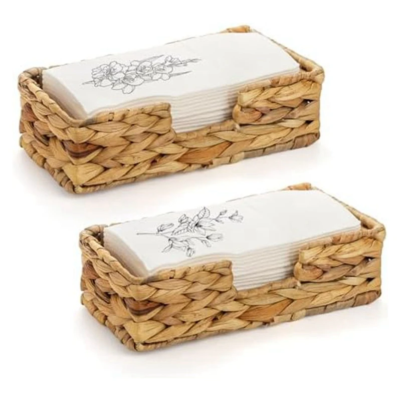 2 Pack Water Hyacinth Flat Napkin Holder Set Woven Wicker Basket And Rattantray Kit For Table, Kitchen, Restaurant