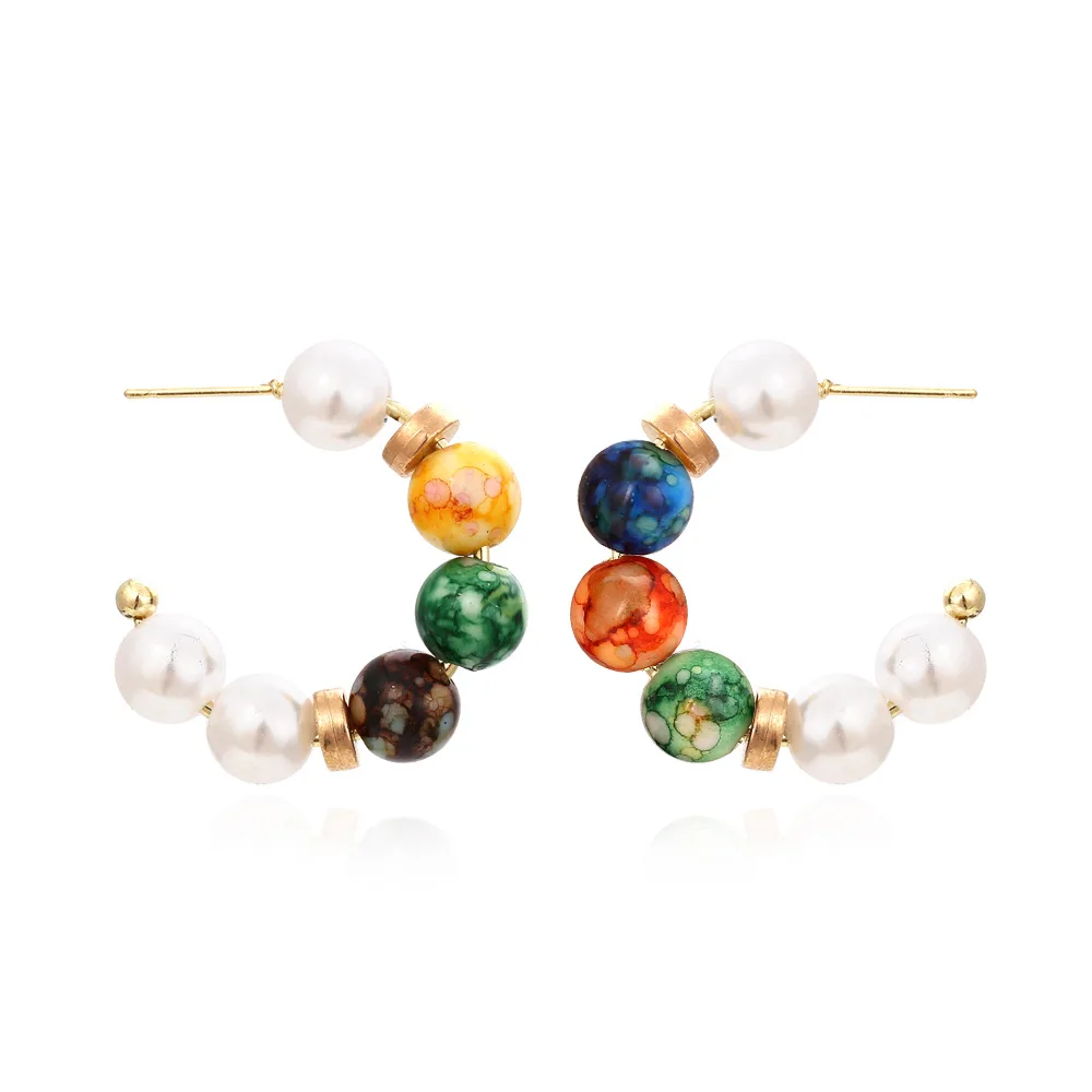 Retro C-shaped color matching handmade beaded earrings, personality temperament, geometric pearl stud earrings, female source