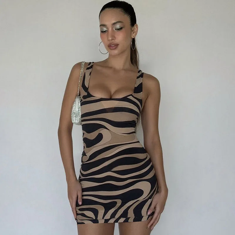 مثير زيبرا المشارب المطبوعة Bodycon فستان قصير المرأة ليلة نادي حفلة السباغيتي حزام عارية الذراعين سليم بسط فستان قصير Vestidos