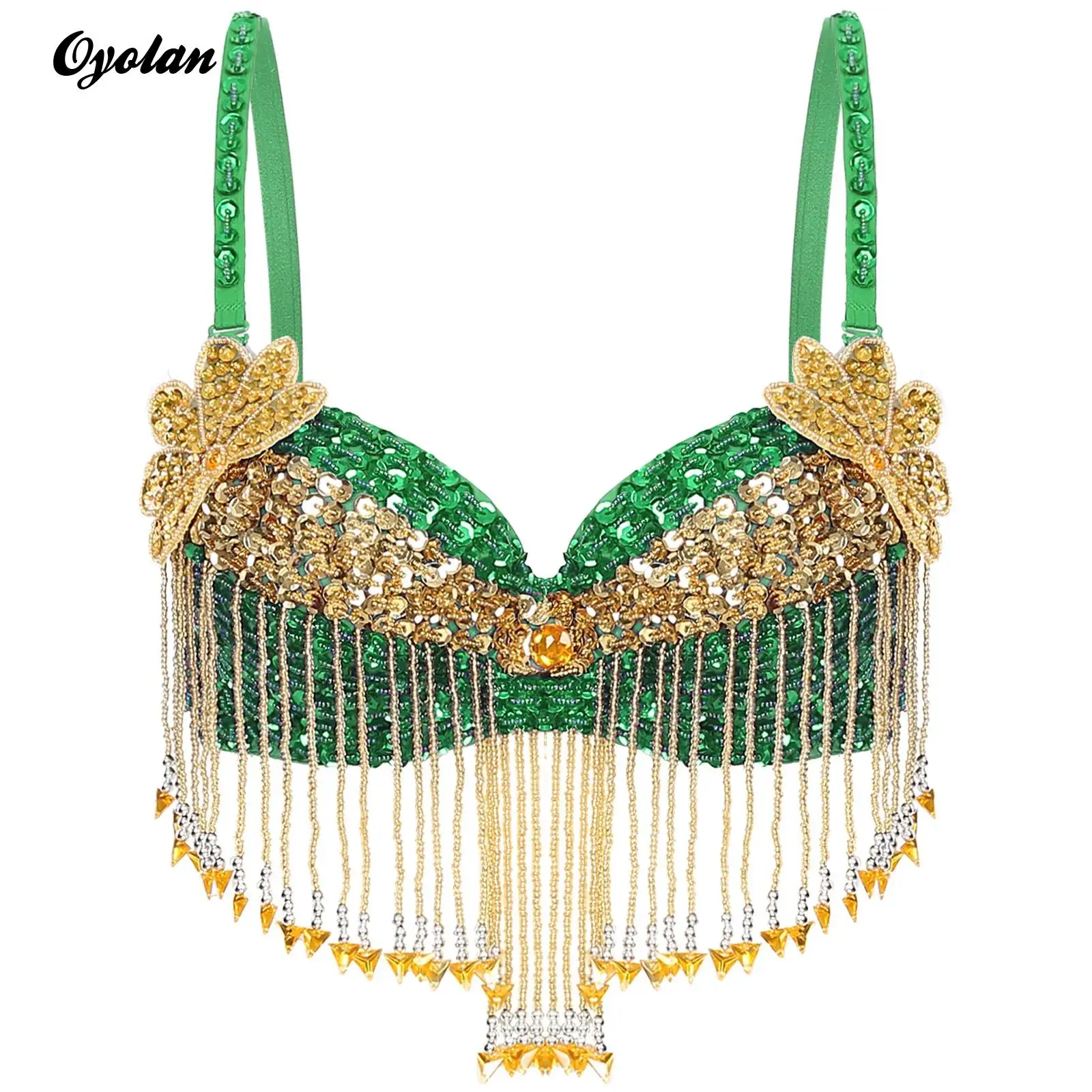 Womens Sparkly Sequins Belly Dance Tops Straps Plastic Beaded Tassels Underwired Bra Bollytwood Halloween Theme Party Costume