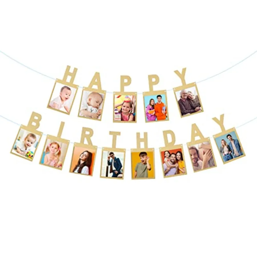 

Happy Birthday with Photo Inserts 13 Sparkle Letters with 4"x6" Photo Slots, Shimmering Cardstock Paper Banner for Wall Decor,