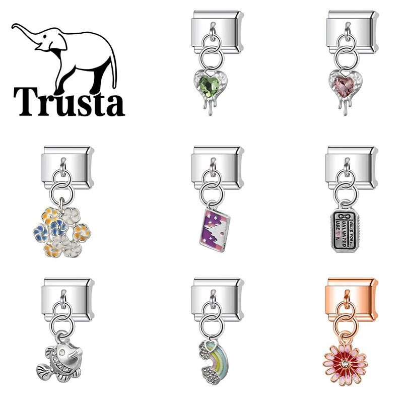 Trusta 2024 Fashion Flower Rainbow Fish Charm Italian Links 9mm Stainless Steel Bracelet for Women DIY Jewelry Wholesale N202
