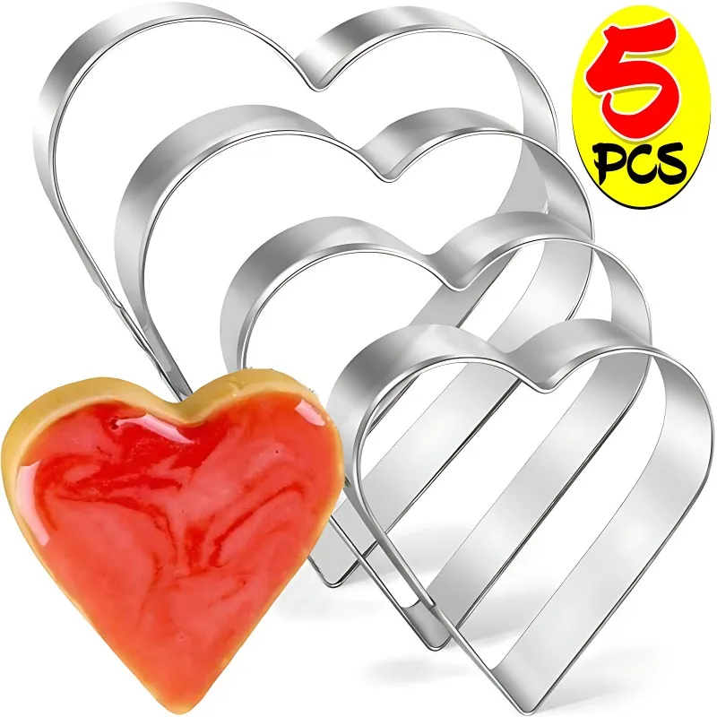 5PCS Heart Cookie Cutter Stainless Steel Love Heart Shaped Fondant Biscuit Molds for Valentines Day Gifts Cake Decor Baking Tool