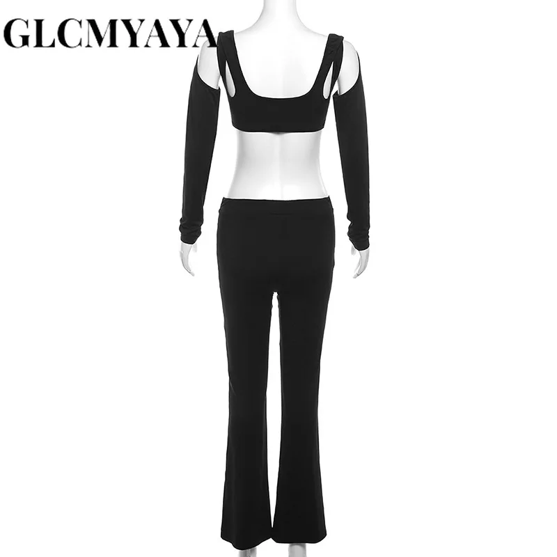 GLCMYAYA Women Casual Long Sleeve Backless Spliced Crop Tops Pant Sets 2023 Solid Belt High Waist Slim Flare Pants 2 Piece Set