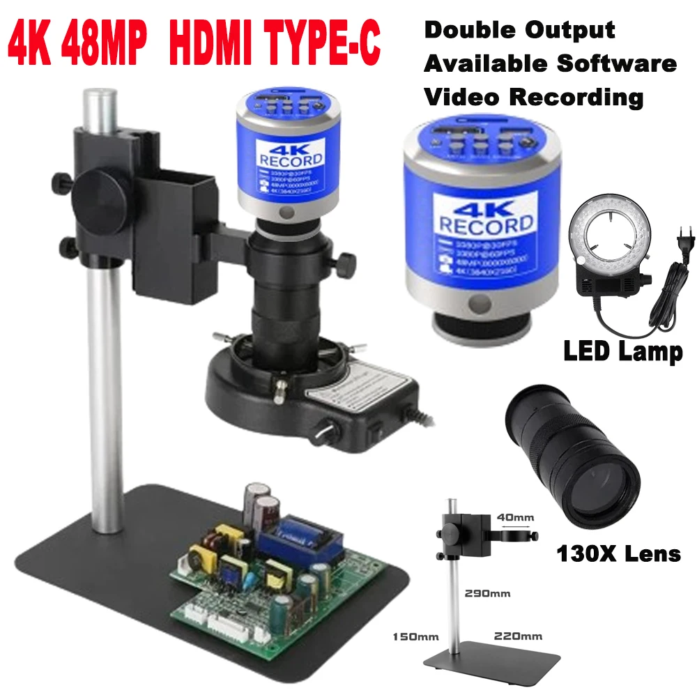 

4K 48MP HDMI TYPE-C Monocular Video Microscope Set Optional Digital Camera Magnifying Lens 130X LED Light Repair Phone Welding