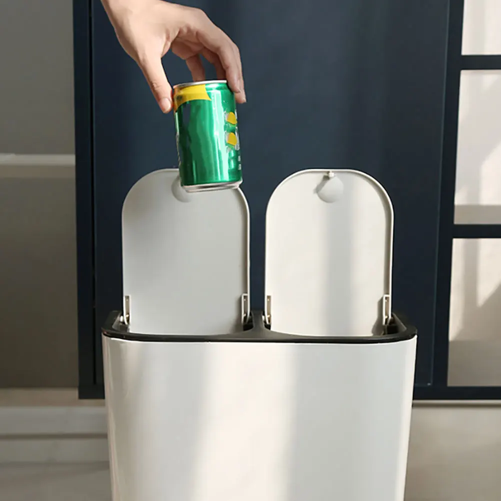 Classified Garbage Can with Lid White Bin 2 Compartments Trash Container Bucket Waste Household Kitchen Bathroom