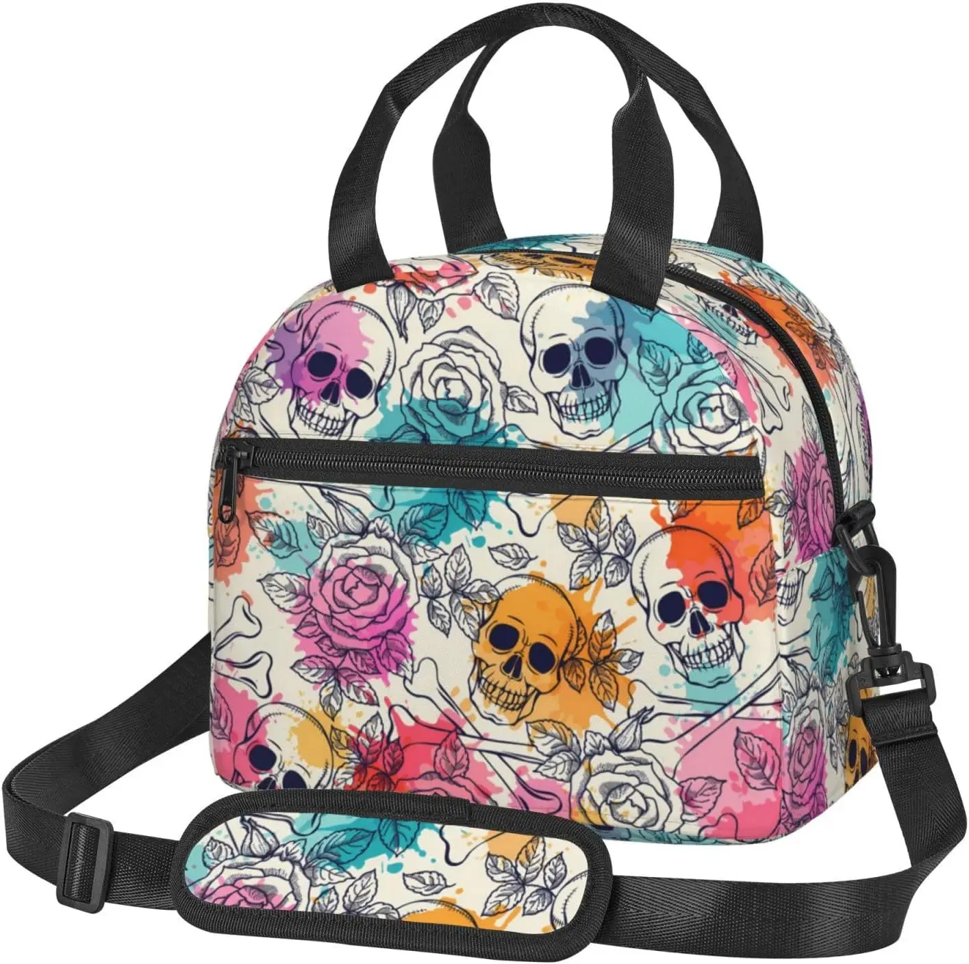 

Skull Roses Colorful Hand Drawn Lunch Bag Insulated with Adjustable Shoulder Strap for Women Men Reusable Lunch Cooler Bag