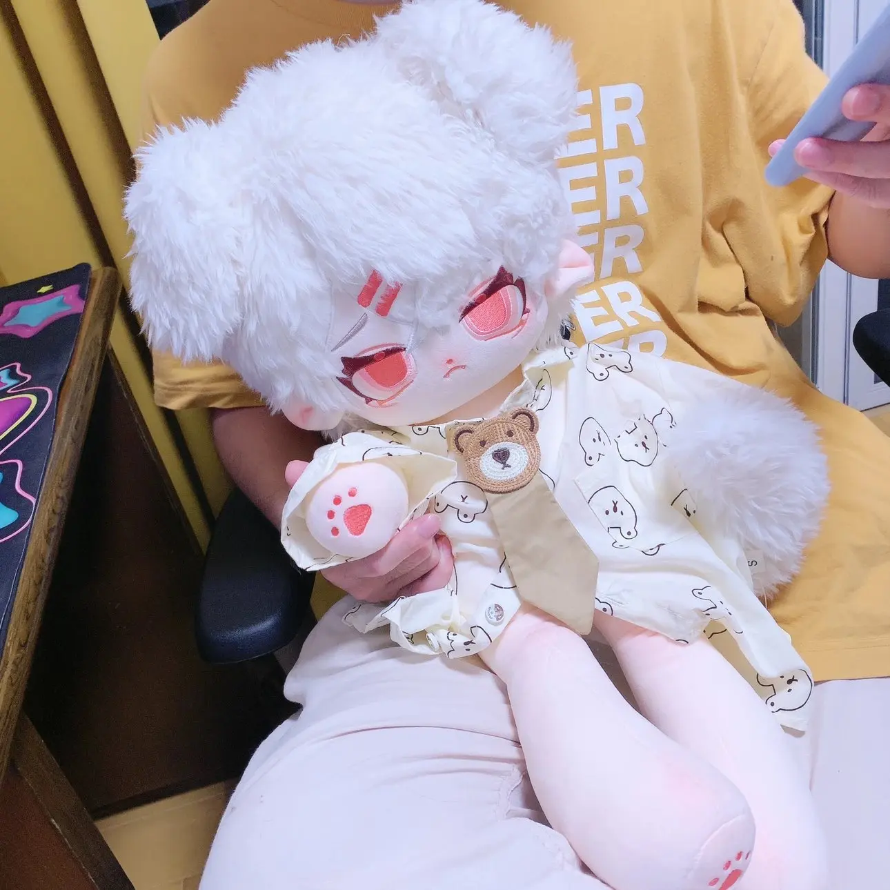 60cm Anime White Hair Pink Eyes tao Monster Tail Prince Cool Guy Stuffed Long legs Plushies Plush Cotton Doll Body Toy For Kids